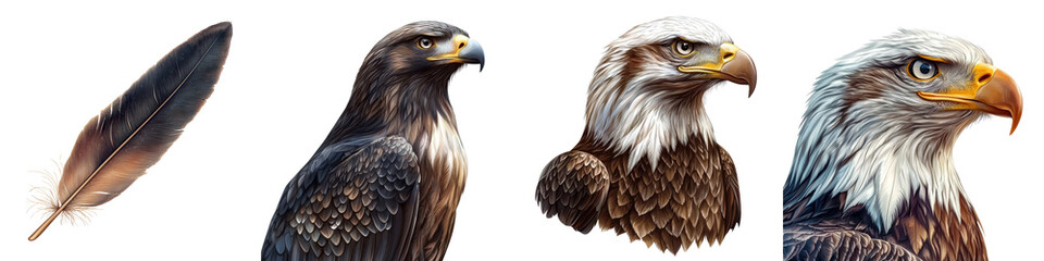 Obraz premium Detailed illustration of eagle features including feather, head, and profile, showcasing bird anatomy and vibrant colors.