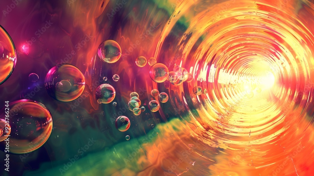 Poster abstract background with colorful bubbles and a tunnel of light.