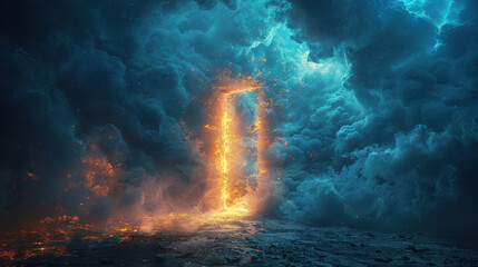 A mystical doorway made of flames stands amidst swirling storm clouds, symbolizing a gateway to another world or dimension