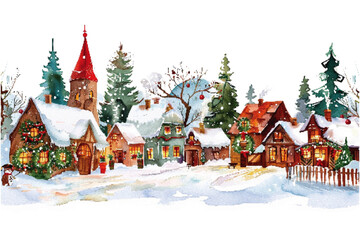 Charming watercolor illustration of a snowy Christmas village with decorated cottages, evergreen trees, and festive lights on a wintery day. Watercolor snowy Christmas village with decorated cottages
