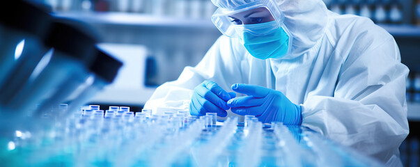 Lab technician conducting experiments with glass vials in a research facility during daytime hours