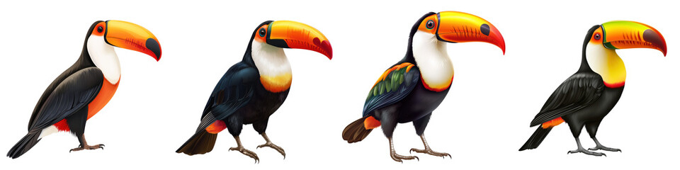Colorful toucans featuring vibrant beaks and striking plumage, ideal for wildlife, nature, and tropical themes.