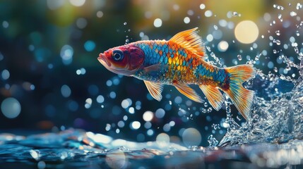 A vivid moment captured as a fish leaps out of the water, droplets splashing around, frozen in mid-air with vibrant scales catching the light.