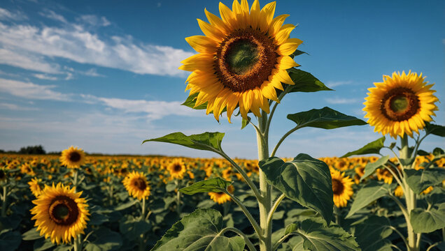 unflower field, bright yellow, stretching to the sky, clear blue