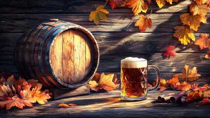 This cozy autumn-themed image features a wooden barrel and a glass of beer, surrounded by vibrant fall leaves, beautifully capturing the essence of the harvest season and celebration.