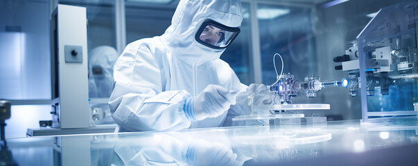Lab technician conducting experiments with glass vials in a research facility during daytime hours