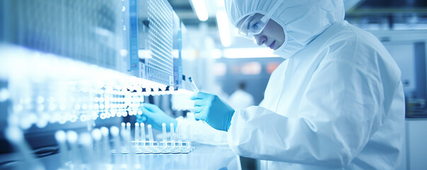Lab technician conducting experiments with glass vials in a research facility during daytime hours
