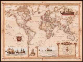 Obraz premium Exploring the Age of Discovery: A Detailed Map Showcasing Columbus' Routes Across the Globe and Maritime Adventures