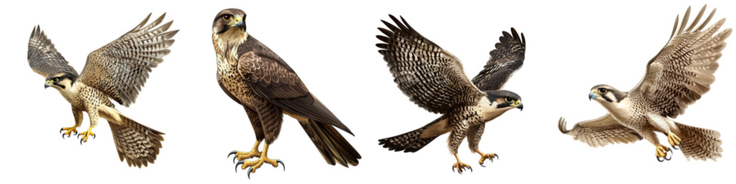 Collection of hawks showcasing their majestic flight and detailed feathers in various poses against a neutral background.