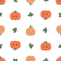 Fototapeta premium Harvest festival background. A ripe pumpkin with a cute face. Seamless pattern with kawaii vegetable character
