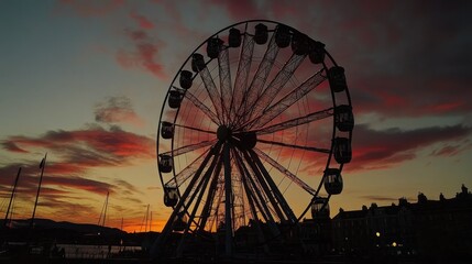 The Ferris wheel at sunset, with the sky ablaze in orange and pink hues, the silhouette of the wheel creating a stunning contrast.