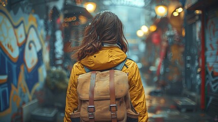 Obraz premium Urban Street Style: A teenage girl with a trendy outfit, walking down a graffiti-covered alley in the city. The urban setting highlights her confidence and modern sense of style.