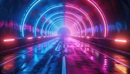 Fototapeta premium Neon Tunnel with Wet Road
