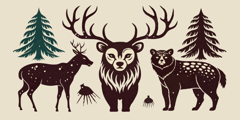 Linocut forest animal set, vector wildlife silhouette nature grunge engraving print collection. Vintage woodcut mammals, grisly bear, deer antlers, fox, rabbit, owl stamp. Boho linocut animal outline