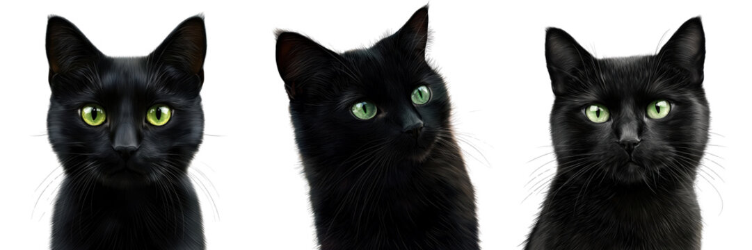 A trio of charming black cats showcasing their striking green eyes and unique personalities in a captivating portrait.