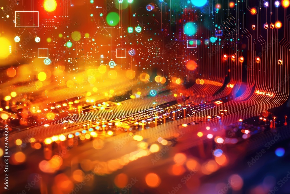 Poster vibrant abstract background featuring illuminated circuits and colorful bokeh effects, perfect for t