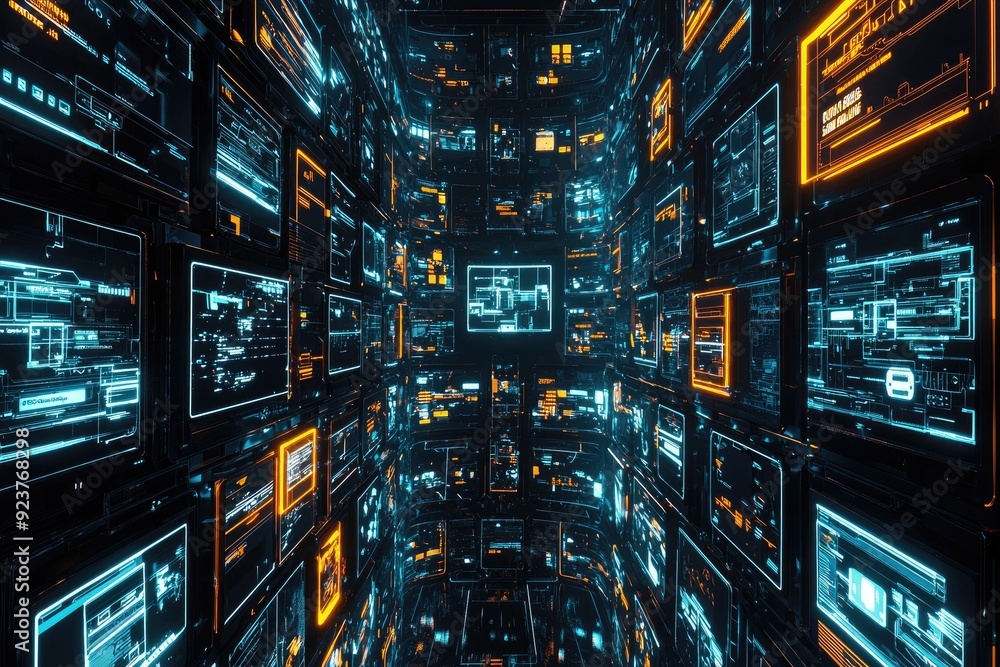 Poster futuristic digital tunnel filled with glowing data panels and circuits, showcasing advanced technolo