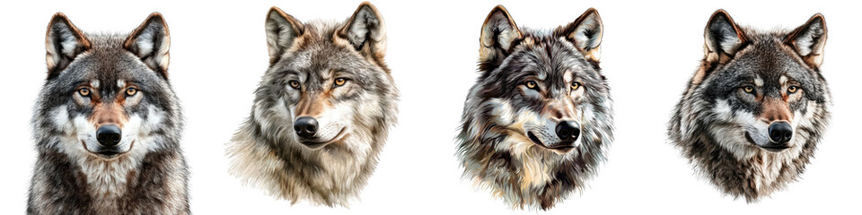A stunning collection of wolf portraits showcasing their majestic features and striking expressions in high detail.
