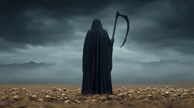 Grim Reaper in a Desolate Landscape: A haunting and somber image of the Grim Reaper, shrouded in darkness, stands amidst a desolate landscape, his scythe held aloft, casting a long shadow over a field