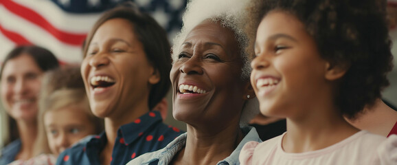 Lifestyle portrait of mature black woman and patriotic family happy and celebrating democracy