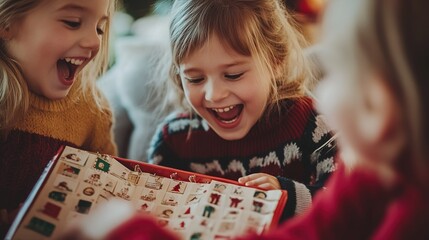 Three children joyfully exploring an advent calendar filled with festive decorations indoors during the holiday season