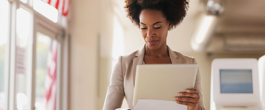 Lifestyle portrait of professional black woman election organizer working on digital tablet at office with flags and voting machines for democracy