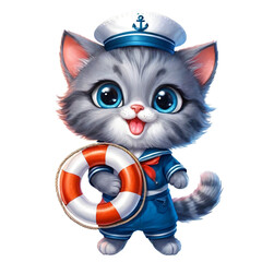 Cartoon sailor cat, a cat in a sailor costume, a cat with a lifebuoy