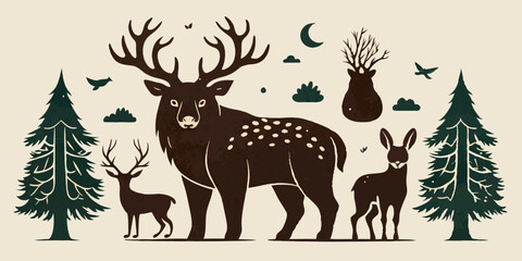 Linocut forest animal set, vector wildlife silhouette nature grunge engraving print collection. Vintage woodcut mammals, grisly bear, deer antlers, fox, rabbit, owl stamp. Boho linocut animal outline