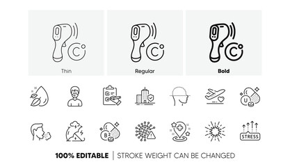 Stress grows, Cough and Coronavirus line icons. Pack of Riboflavin vitamin, Hospital, Electronic thermometer icon. Vitamin u, Medical mask, Face scanning pictogram. Medical flight. Line icons. Vector