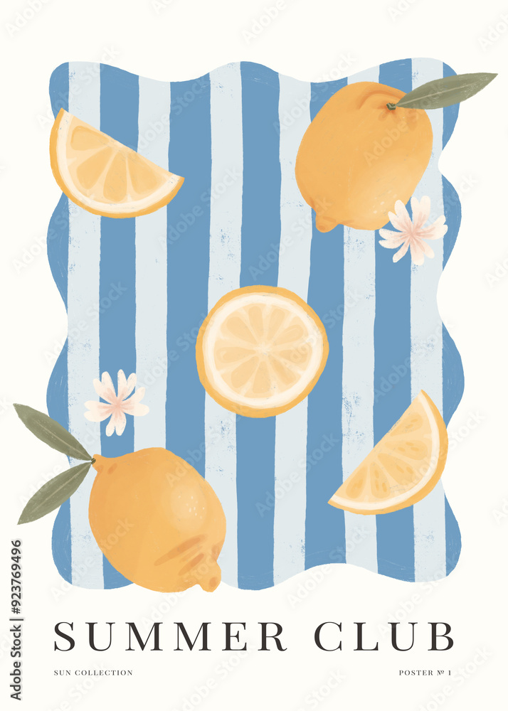 Wall mural lemon, flowers and blue mediterranean vibes poster. fruit market. summer club. la dolce vita. modern