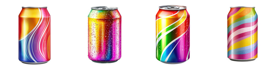 Fototapeta premium A collection of colorful soda cans featuring vibrant designs and hues, ideal for refreshing beverage concepts and creative projects.