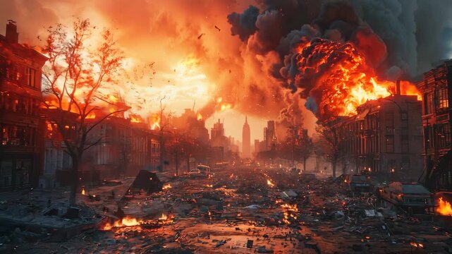 Ravaging urban fire consuming cityscape during massive blaze disaster