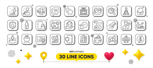 Ice cream, Eco bike and Valet servant line icons pack. 3d design elements. Ambulance transport, Stats, Phone protection web icon. Certificate, Augmented reality, Vision test pictogram. Shop. Vector