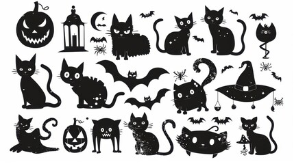 Design black silhouette illustrations of spooky Halloween Cute Cat in various activities ,with bold lines and simple design, placed on a white background 