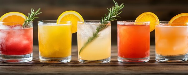 Fototapeta premium Variety of cold mixed drinks with lemon, orange, and rosemary garnishes on a bar table, Refreshing beverages, Atmospheric bar scene showcasing popular cocktails