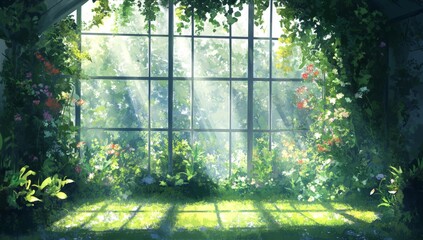 An art drawing photo wallpaper depicts a gothic style greenhouse with lianas and flowers on stained glass windows