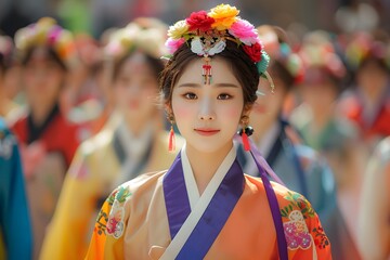 Portrait of a North Korean Woman in Traditional Attire Celebrating a Festival Outdoors. Capturing the Beauty and Pride of North Korean Culture During a Joyous Occasion. A Reflection of Ethnic Heritage