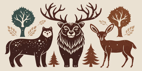 Linocut forest animal set, vector wildlife silhouette nature grunge engraving print collection. Vintage woodcut mammals, grisly bear, deer antlers, fox, rabbit, owl stamp. Boho linocut animal outline