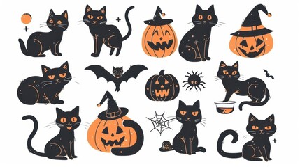 Design Pop Color illustrations of spooky Halloween Cute Cat in various activities ,with bold lines and simple design, placed on a white background 