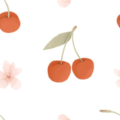 Seamless pattern with cute red cherry berry with green leaves and soft pink cherry blossom on white background. Spring aesthetic hand drawn illustration