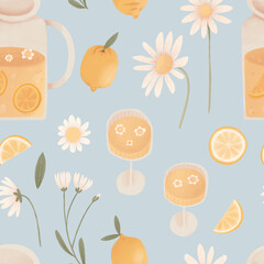 Vibrant lemonade seamless pattern with yellow lemons, daisy flowers and glasses on a light blue background