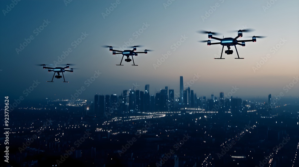 Poster a high-tech urban landscape with self-sustaining power grids and autonomous drones patrolling the sk