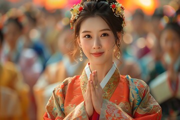 Portrait of a North Korean Woman in Traditional Attire Celebrating a Festival Outdoors. Capturing the Beauty and Pride of North Korean Culture During a Joyous Occasion. A Reflection of Ethnic Heritage