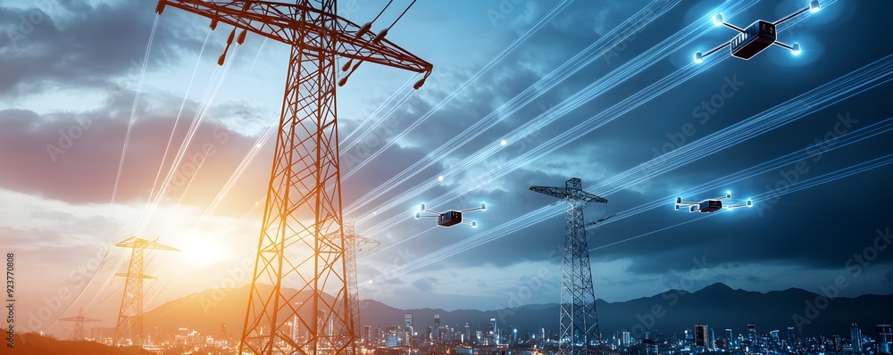 Poster a high-tech urban landscape with self-sustaining power grids and autonomous drones patrolling the sk