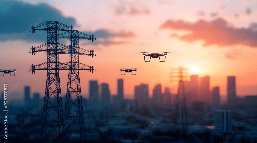 Poster a high-tech urban landscape with self-sustaining power grids and autonomous drones patrolling the sk