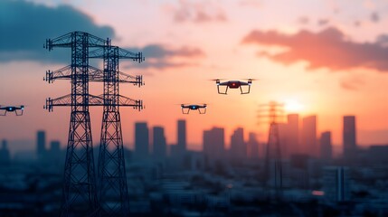Naklejka premium A high-tech urban landscape with self-sustaining power grids and autonomous drones patrolling the skies