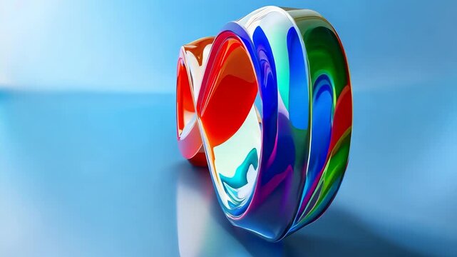 Rotating rainbow mobius strip on blue background with reflections