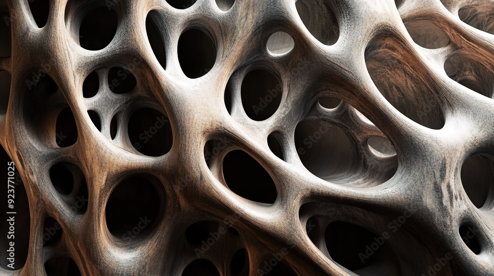 Poster abstract organic structure with intricate holes and shadows in a close-up view