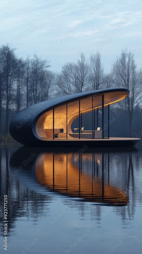 Poster modern curvilinear structure floating on a still lake with reflections