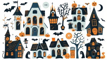 Design Vintage Color illustrations of spooky Halloween House in various activities ,with bold lines and simple design, placed on a white background 